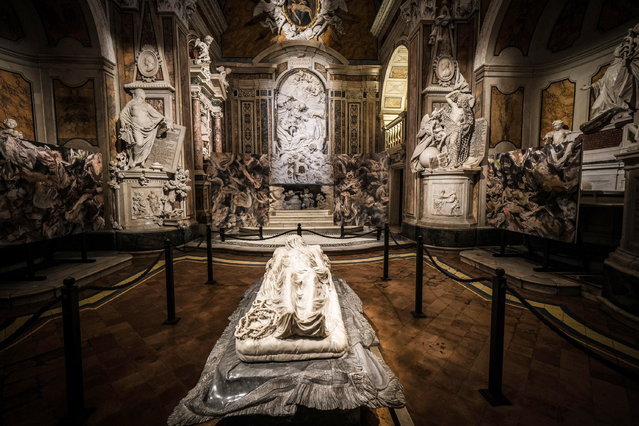 Paintings by English artist Darren Almond are on display as part of the 'Rags' exhibition inside the Sansevero chapel in Naples, southern Italy, 23 January 2025. The exhibition runs until 17 March 2025. (Photo by Cesare Abbate/EPA)