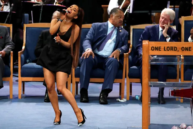 Singer Ariana Grande performs during the funeral service for Aretha Franklin at Greater Grace Temple, Friday, August 31, 2018, in Detroit. Franklin died August 16, 2018 of pancreatic cancer at the age of 76. (Photo by Mike Segar/Reuters)