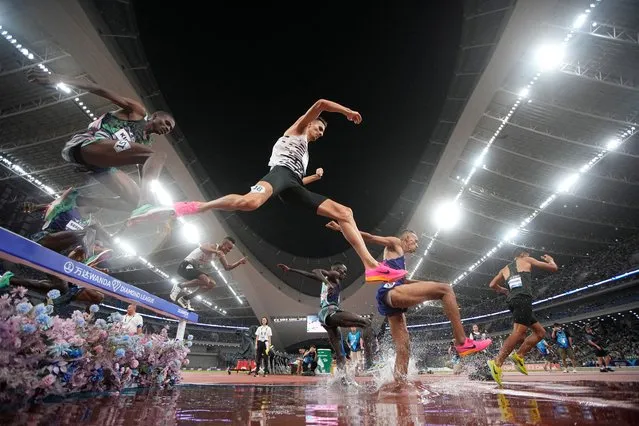 Moroccan athlete Soufiane El Bakkali participates in the men's 3000m steeplechase final at the Xiamen Diamond League in China on September 2, 2023. (Photo by Aly Song/Reuters)