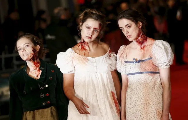 Actors dressed as zombies arrive at the European premiere of “Pride and Prejudice and Zombies” in Leicester Square, London, Britain February 1, 2016. (Photo by Stefan Wermuth/Reuters)