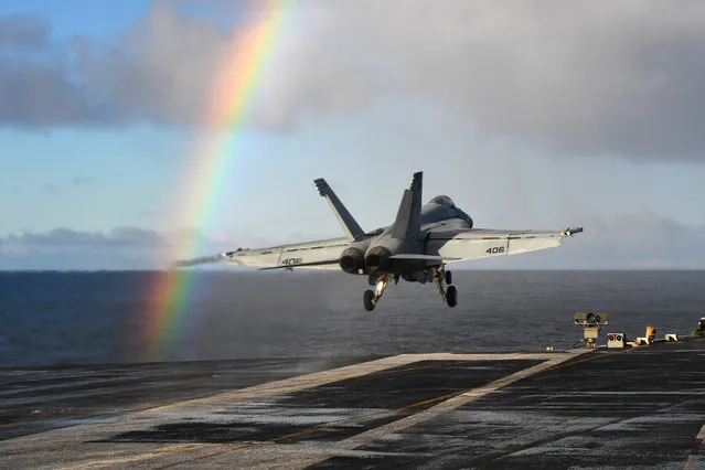 An F/A-18E Super Hornet launches from the U.S. Navy aircraft carrier USS Harry S. Truman in support of Exercise Trident Juncture 18 in the Norwegian Sea October 25, 2018. (Photo by U.S. Navy/Mass Communication Specialist 3rd Class Adelola Tinubu/Handout via Reuters)