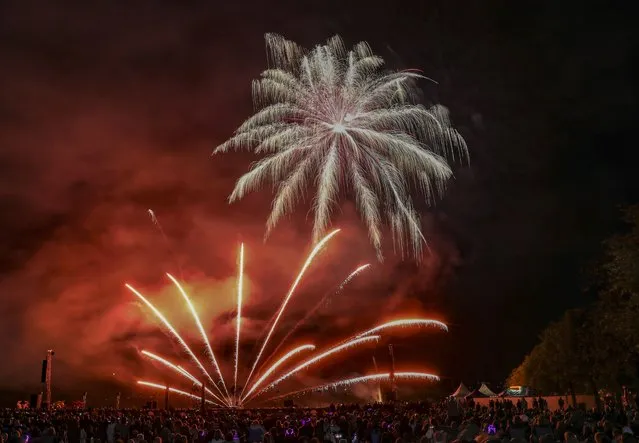Fireworks go off at the 18th International Fireworks Festival in Stuttgart, Germany on August 21, 2022. Italy won the event as Germany came 2nd. (Photo by Omer Sercan Karkus/Anadolu Agency via Getty Images)