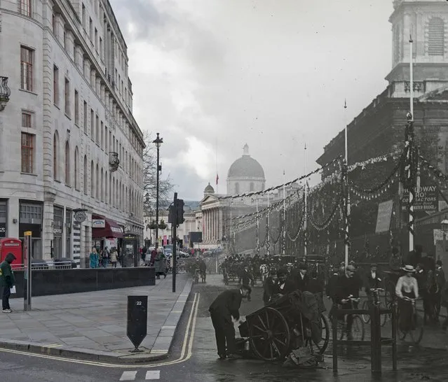 A view of Duncannon Street decorated with bunting and banners for the coronation ceremony of Edward VII. There are pedestrians and vehicles in the foreground and the National Gallery is visible in the distance in 1902 and 2014. (Photo by Museum of London/Streetmuseum app)