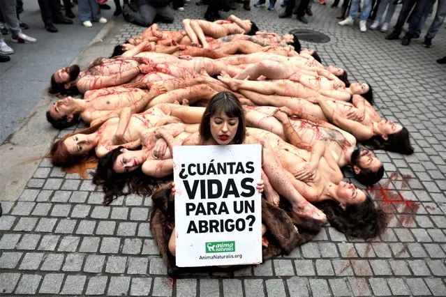 Activists protest against the fur and leather industry, in Madrid, Spain on January 15, 2023. (Photo by Isabel Infantes/Reuters)