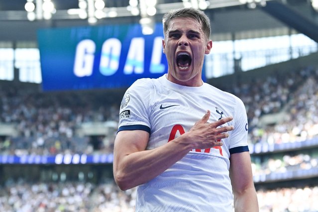 Tottenham Hotspur's Dutch defender #37 Micky van de Ven celebrates after scoring his team second goal during the English Premier League football match between Tottenham Hotspur and Burnley at the Tottenham Hotspur Stadium in London, on May 11, 2024. (Photo by Glyn Kirk/AFP Photo)