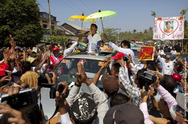 Myanmar opposition leader Aung San Suu Kyi takes her campaign for a parliament seat to the southern constituency she hopes to represent