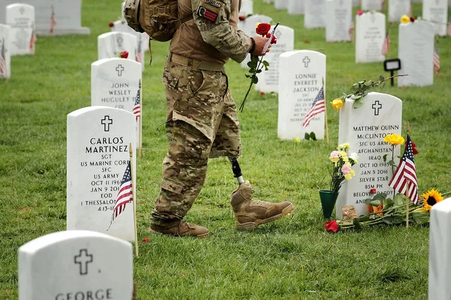 Earl Granville walks through Section 60 at Arlington National Cemetery on Memorial Day on May 29, 2017 in Arlington. A member of the Pennsylvania National Guard, Granville was deployed to Afghanistan with the 1/109th Infantry Regiment in December 2007 whe he lost his left leg to a roadside bomb. Granville now works with Operation Enduring Warrior and participated in the final 10 miles of the Ruck to Remember, a 60 mile hike from Harpers Ferry to the cemetery. (Photo by Chip Somodevilla/Getty Images)
