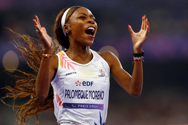 Karen Tatiana Palomeque Moreno of Team Colombia celebrates winning the Para Athletics Women's 100m - T38 Final on day three of the Paris 2024 Summer Paralympic Games at Stade de France on August 31, 2024 in Paris, France. (Photo by Stephanie Lecocq/Reuters)