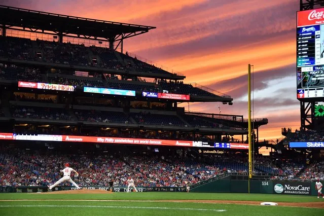 Philadelphia Phillies starting pitcher Zack Wheeler (45) throws a pitch against the Atlanta Braves during the fifth inning at Citizens Bank Park in Philadelphia, Pennsylvania, USA on June 28, 2022. (Photo by Eric Hartline/USA TODAY Sports)