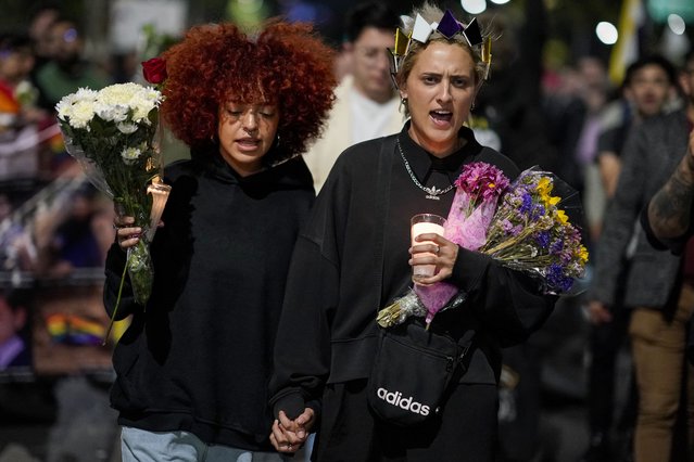 Demonstrators protest in Mexico City, Monday, November 13, 2023. The first openly nonbinary person to assume a judicial position in Mexico was found dead in their home Monday in the central Mexican city of Aguascalientes after receiving death threats because of their gender identity, authorities said. (Photo by Eduardo Verdugo/AP Photo)