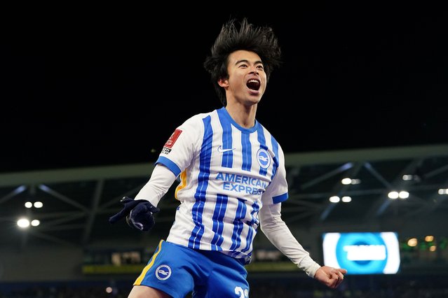 Brighton and Hove Albion's Kaoru Mitoma celebrates scoring their side's second goal of the game during the Emirates FA Cup fourth round match at American Express Stadium, Brighton, UK on Saturday, February 8, 2025. (Photo by Gareth Fuller/PA Wire)