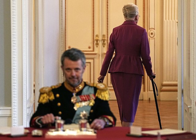 Queen Margrethe leaves the meeting of the Council of State after signing the declaration of abdication, in Copenhagen, Sunday, January 14, 2024. Queen Margrethe II has signed her historic abdication, a step that paves the way for her son Frederik X to immediately become king. (Photo by Mads Claus Rasmussen/Ritzau Scanpix via AP Photo)