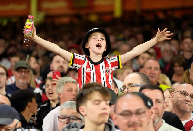 A young Sheffield United fan celebrates after the Sky Bet Championship play off semi final, second leg at Bramall Lane, Sheffield, UK on Monday, May 12, 2025. (Photo by Danny Lawson/PA Images via Getty Images)