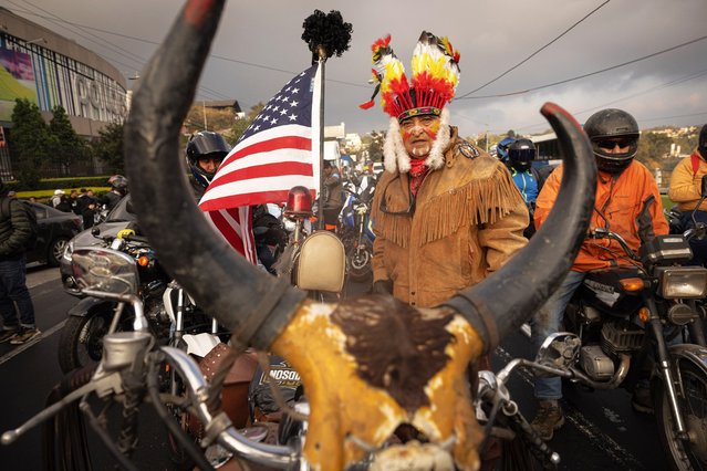 Costumed motorcyclists attend the 63rd edition of the Caravana del Zorro in Guatemala City, Guatemala, 03 February 2024. More than 4,000 participants rode the 224-kilometer-long route to the Esquipulas Basilique in Guatemala, traditionally known as the Caravana del Zorro. (Photo by David Toro/EPA/EFE)
