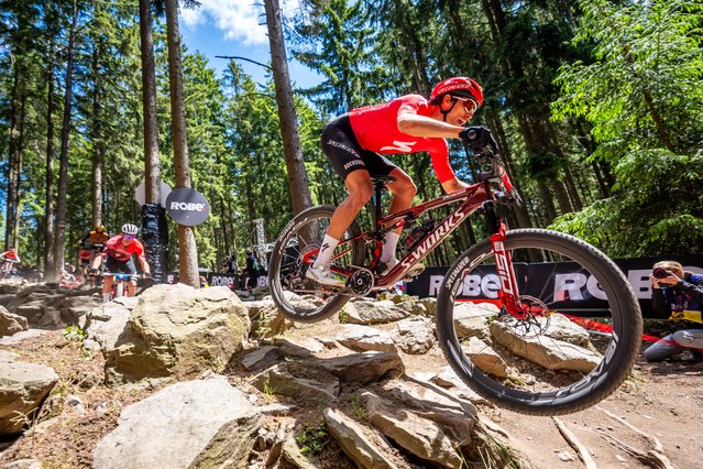 Christopher Blevins from the USA in action on his way winning the Cross Country Short Track Elite Men UCI XCC Mountain Bike World Series race in Nove Mesto na Morave, Czech Republic, 25 May 2025. (Photo by Maxime Schmid/EPA)