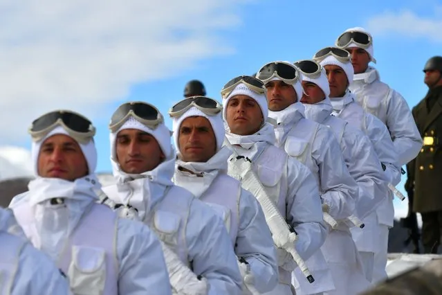 Military personnel take part in a march held to commemorate the fallen WWI soldiers of the World War I Battle of Sarikamis during the 108th anniversary of the Sarikamis Operation in Kars, Turkiye on January 8, 2023. (Photo by Huseyin Demirci/Anadolu Agency via Getty Images)