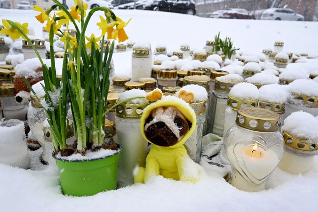 Candles and flowers are placed on a square in front of the Viertola School to pay tribute to victims in Vantaa, in the north of the Finnish capital Helsinki, on April 3, 2024, one day after a 12-year-old opened fire inside the school, killing a classmate and seriously injuring two other children. Finland will fly its flags at half-mast on April 3, 2024, to mark the country's mourning after a 12-year-old opened fire at a school, killing one classmate and seriously injuring two others in the city of Vantaa. (Photo by Jussi Nukari/Lehtikuva via AFP Photo)
