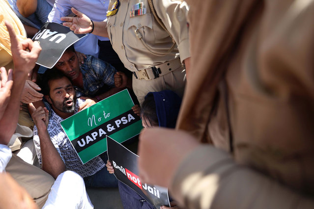 Members of the opposition People’s Democratic Party (PDP) shout slogans during a protest in Srinagar, the summer capital of Indian Kashmir, 25 August 2025. The PDP, led by Mehbooba Mufti, staged a protest and demanded the release of Kashmiri political prisoners. (Photo by Farooq Khan/EPA)