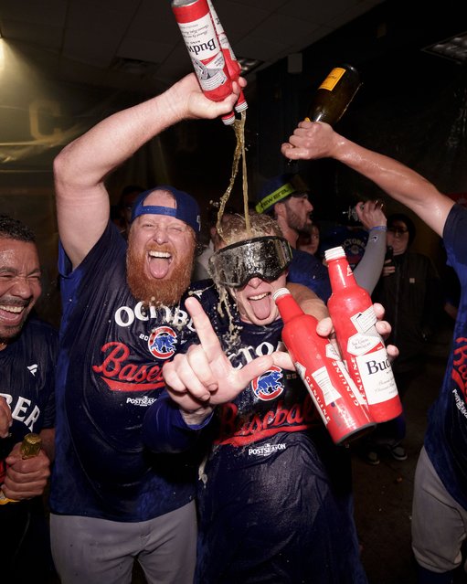 Justin Turner #3 and Pete Crow-Armstrong #4 of the Chicago Cubs celebrate clinching an MLB Postseason berth at PNC Park on September 17, 2025 in Pittsburgh, Pennsylvania. (Photo by Matt Dirksen/Getty Images)