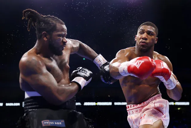 Anthony Joshua punches Jermaine Franklin during the Heavyweight fight between Anthony Joshua and Jermaine Franklin at The O2 Arena on April 01, 2023 in London, England. (Photo by James Chance/Getty Images)