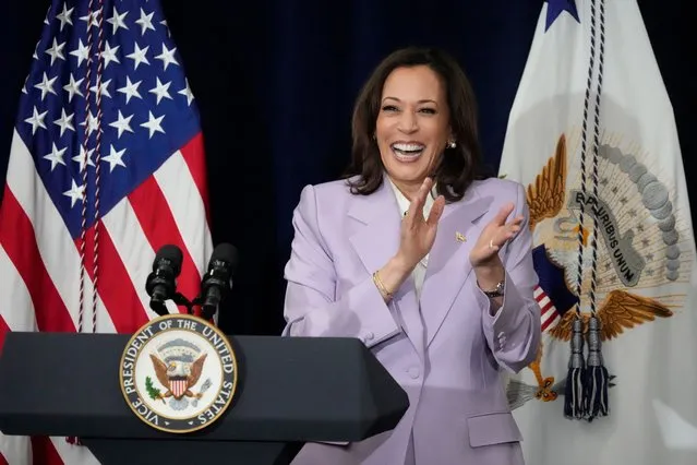Vice President Kamala Harris smiles during a visit to Los Angeles Cleantech Incubator Monday, April 17, 2023, in Los Angeles. (Photo by Marcio Jose Sanchez/AP Photo)