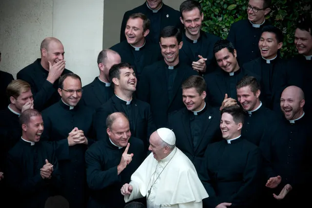 Pope Francis greets some young American seminarians during the General audience Saint Damaso courtyard, Vatican City, Italy on September 30, 2020. (Photo by Pierapaolo Scavuzzo/AGF/Rex Features/Shutterstock)