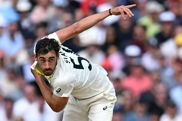 Australia's Mitchell Starc bowls on day two of the fourth Ashes cricket Test match between England and Australia at Old Trafford cricket ground in Manchester, north-west England on July 20, 2023. (Photo by Oli Scarff/AFP Photo)