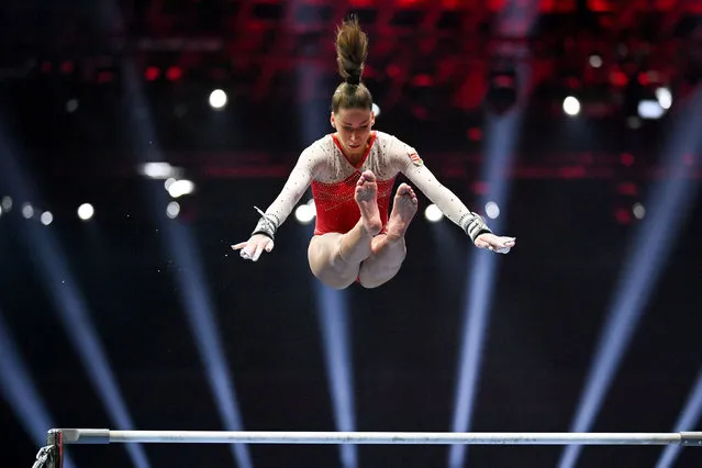 Hungary's Zsofia Szekely competes in the Women's uneven bars qualifications during European Artistic Gymnastics Championships at the St Jakobshalle, in Basel, on April 21, 2021. (Photo by Fabrice Coffrini/AFP Photo)