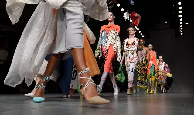 Models present creations by British designer Matty Bovan during the London Fashion Week in London, Britain, 14 September 2018. (Photo by Facundo Arrizabalaga/EPA/EFE)