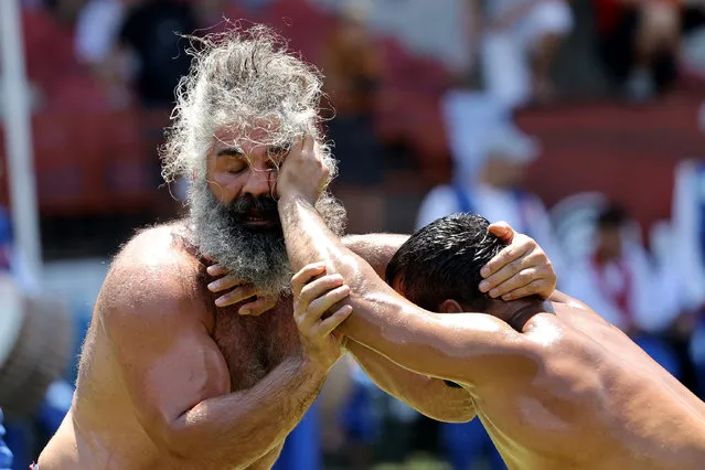 Chief wrestler competitions kick off on the second day competitions of the 660 Kirkpinar Oil Wrestling Festival held at Sarayici field of contest in Edirne, Turkey on July 10, 2021. The Kirkpinar Oil Wrestling Festival, is one of the worldâs oldest sports events and has been held annually in the province since 1362, with wrestlers engaging in a physical and mental struggle without the use of any equipment. (Photo by Gokhan Balci/Anadolu Agency via Getty Images)