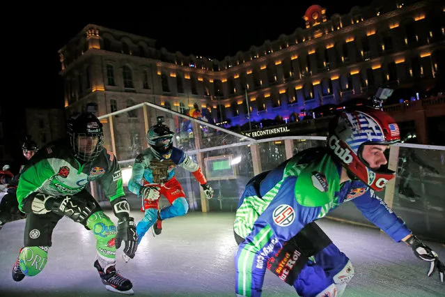 Competitors take part in the Red Bull Crashed Ice Cross Downhill World Championship in Marseille, France, January 14, 2017. (Photo by Jean-Paul Pelissier/Reuters)