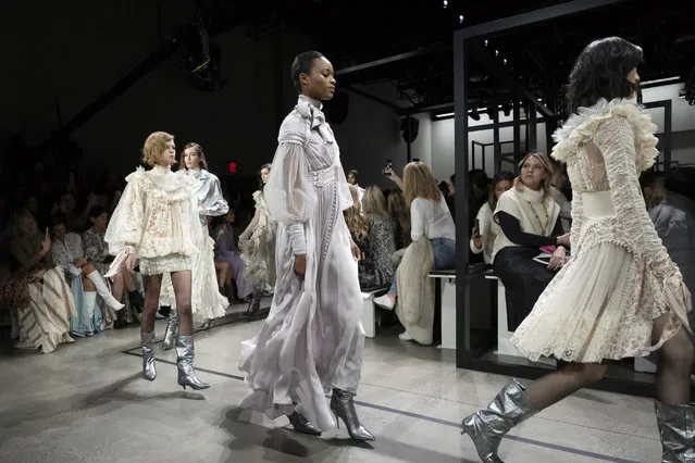 Fashion from the Zimmermann Fall 2019 show is modeled during Fashion Week, Monday, February 11, 2019 in New York. (Photo by Mark Lennihan/AP Photo)