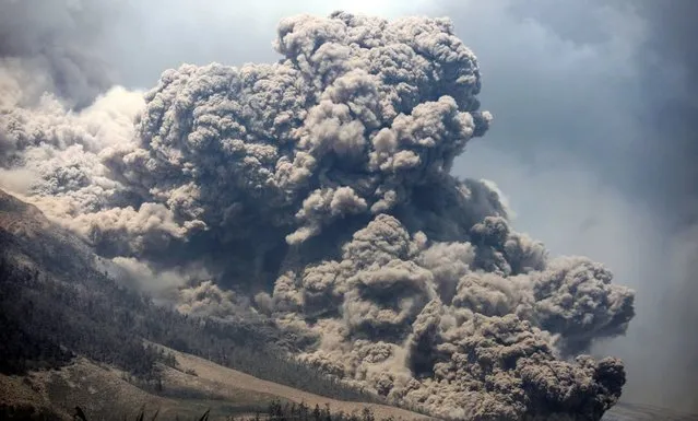 Mount Sinabung releases pyroclastic flows during an eruption as seen from Payung village, North Sumatra, Indonesia, Monday, February 3, 2014. The rumbling volcano in western Indonesia unleashed fresh clouds of searing gas, killing more than a dozen of people. (Photo by Binsar Bakkara/AP Photo)