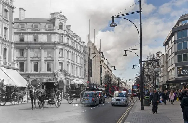A traffic in Oxford Street in c.1905 and 2014. (Photo by Museum of London/Streetmuseum app)