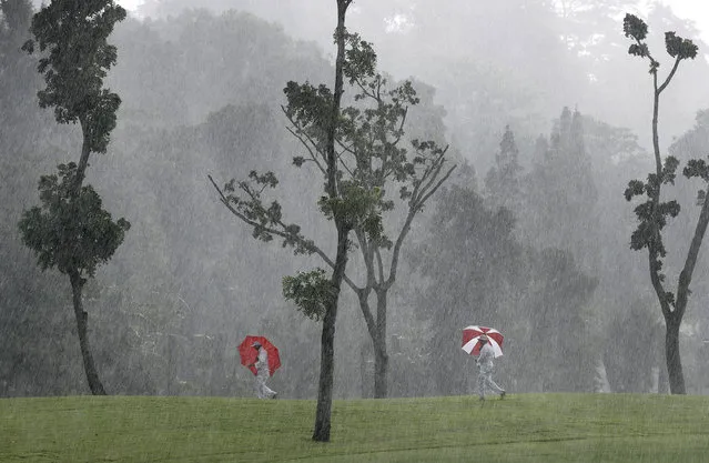 Course marshals carry umbrellas as they make their way towards shelter during a heavy rain at the HSBC Women's Champions golf tournament at Sentosa Golf Club's Tanjong course on Friday, March 3, 2017, in Singapore. (Photo by Wong Maye-E/AP Photo)