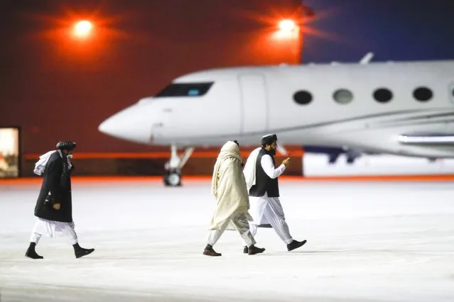 Representatives of the Taliban leave Gardermoen Airport after attending meetings at the Soria Moria Hotel Tuesday, January 25, 2022, in Oslo, Norway. A Taliban delegation traveled to Norway for talks with the Norwegian government and several allied countries, as well as meetings with civil society activists and human rights defenders from Afghanistan. (Photo by Javad Parsa/NTB via AP Photo)