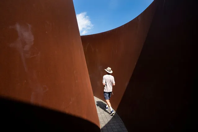 A visitor walks through Richard Serra's sculpture “Sylvester” at the Glenstone Museum in Potomac, Maryland, USA, 22 August 2019. Spread across 230 acres in a posh Washington suburb, Glenstone is the largest contemporary private museum in the country. The museum's stated mission is to integrate art, architecture, and landscape into a serene and contemplative environment. (Photo by Jim Lo Scalzo/EPA/EFE)