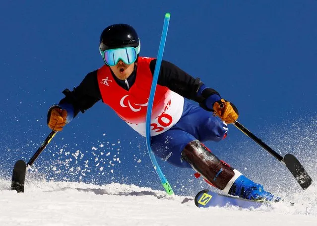 Hiraku Misawa of Team Japan competes in the Para Alpine Skiing Men's Super Combined Slalom Standing at Yanqing National Alpine Skiing Centre during day three of the Beijing 2022 Winter Paralympics on March 07, 2022 in Yanqing, China. (Photo by Gonzalo Fuentes/Reuters)