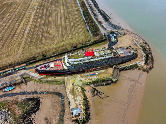 An aerial view of the TSS Duke of Lancaster, a former railway steamer passenger ship that operated in Europe from 1956 to 1979, and is currently beached near Mostyn Docks, on the River Dee, north Wales on Monday, January 10, 2022. (Photo by Peter Byrne/PA Images via Getty Images)