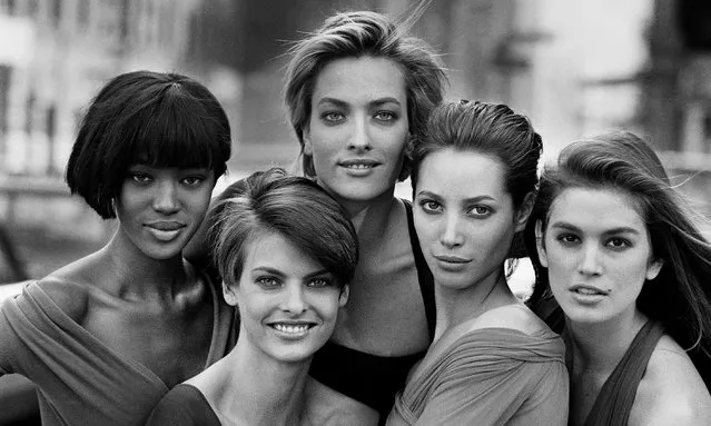 Nineties here we come … from left, Naomi Campbell, Linda Evangelista, Tatjana Patitz, Christy Turlington and Cindy Crawford. “Liz Tilberis, the editor of British Vogue, asked me to do a shoot. “You have to do the January 1990 cover”, she said. “You’re the one”. She wanted something that would preview the decade to come. My reaction was: “Oh my God, who could that be? You can’t hang the next decade on one face. It won’t work”. But I knew what would. This was the result. People always say this shot, this cover, was the birth of the supermodels. (Photo by Peter Lindbergh/The Guardian)