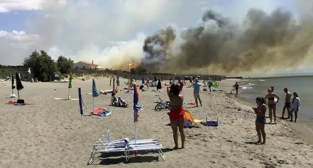 Wildfires burn in the Padule del Chiarone area, near the central Italy town of Capalbio, where a camping site was evacuated as a precaution, Sunday, July 16, 2017.  Wildfires have been ravaging swaths of Italy, mostly in the south, where the Coldiretti agricultural lobby says July rain levels were down 83 percent while temperatures were some 3 degrees Celsius higher. (Photo by Roberta Filippini/ANSA via AP Photo)