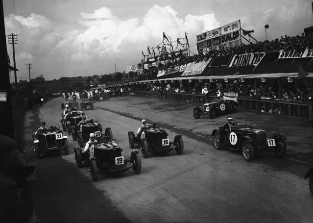 Cars racing in the  Royal Automobile Club's Tourist Trophy Race at Belfast, Northern Ireland on September 1, 1934. The race was won by Charles Dodson who drove at nearly 75 m.p.h. in a M.G. Magnetter NE. (Photo by AP Photo/Putnam)