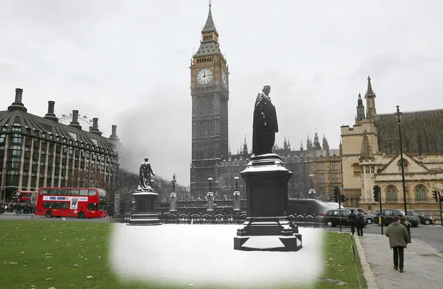 Archive: The statue of Lord Beaconsfield in front of the Houses of Parliament and Big Ben, Parliament Square, London, 24th December 1938. (Photo by Topical Press Agency/Hulton Archive/Getty Images) Modern Day: Traffic drives round Parliament Square on December 12, 2014 in London, England. (Photo by Peter Macdiarmid/Getty Images)