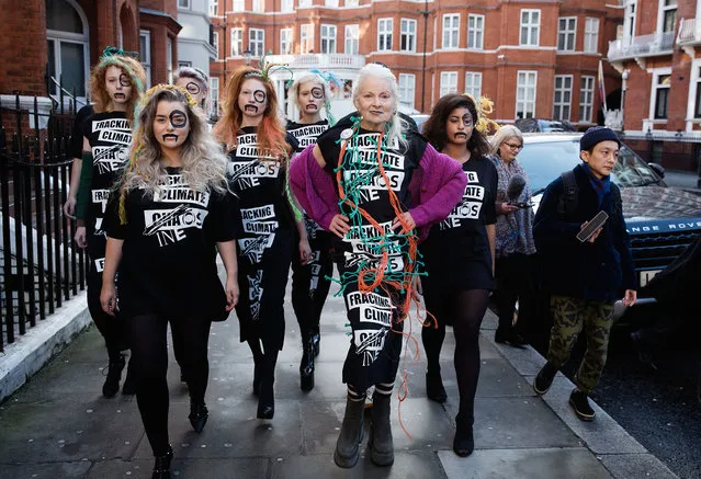 Dame Vivienne Westwood arrives with models in the #INEOSVTHEPEOPLE catwalk presentation outside INEOS headquarters in Hans Crescent on February 15, 2018 in London, England. (Photo by Ki Price/Getty Images)