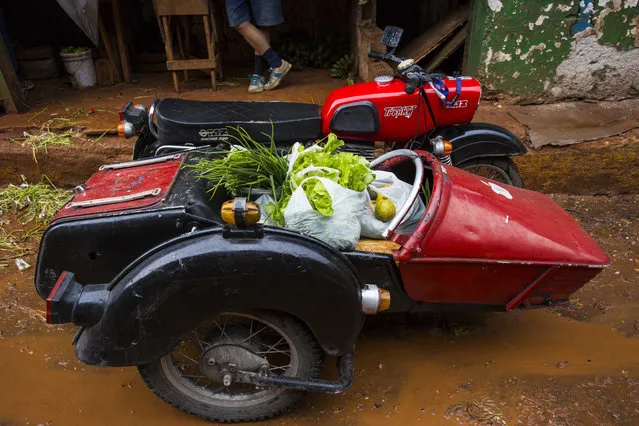 In this September 27, 2015, file photo, a former East German-made MZ motorcycle sidecar is filled with vegetables and stew ingredients at a market in Havana, Cuba. The sprouting of high-end clubs and bars around Havana is unsettling to many in Cuba who grew up believing in equality as a tenet of the revolution, and now see foreigners and wealthy Cubans spending many times in one night the roughly $30 monthly salary of the average Cuban state worker. (Photo by Desmond Boylan/AP Photo)