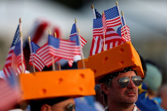 Team USA fans wear cheese hats in the stands on the 1st hole ahead of the foursomes during the 2025 Ryder Cup in Farmingdale, New York, on September 27, 2025. (Photo by Paul Childs/Reuters)