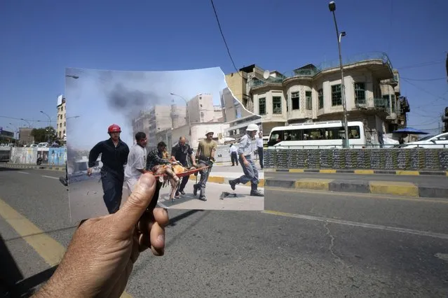 A photograph of Iraqi firemen evacuating an injured person after a car bomb exploded in a commercial neighborhood of central Baghdad, Iraq, Saturday, May 7, 2005, iis inserted into the scene at the same location Friday, March 10, 2023. 20 years after the U.S. led invasion on Iraq and subsequent war. (Photo by Hadi Mizban/AP Photo)