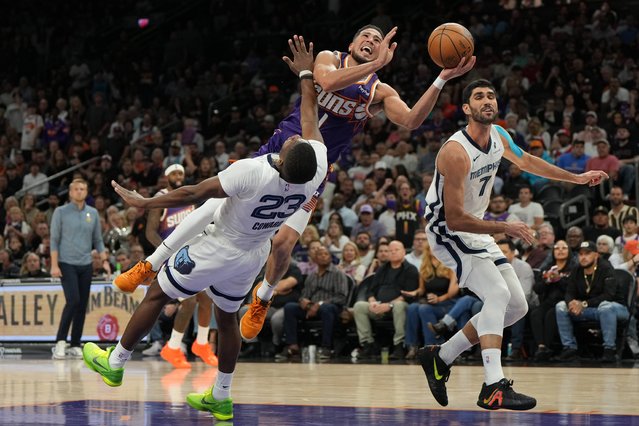 Phoenix Suns guard Devin Booker (1) against the Memphis Grizzlies during the first half of an NBA basketball game, Wednesday, October 29, 2025, in Phoenix. (Photo by Rick Scuteri/AP Photo)