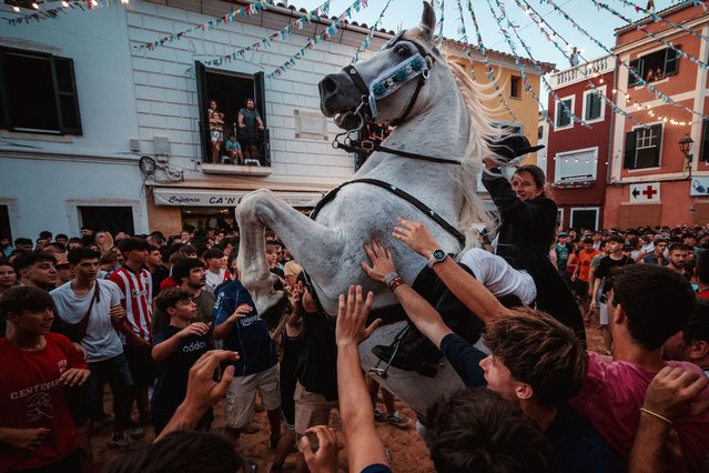 A “caixer” (horse rider) rears up on his horse surrounded by a cheering crowd during the traditional “Jaleo” at the Sant Marti Festival in Es Mercadal, Spain on July 20, 2024. (Photo by Matthias Oesterle/Rex Features/Shutterstock)