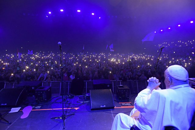 Pope Francis makes a surprise visit to the “Hope Happening” event at the Brussels Expo on September 28, 2024 in Brussels, Belgium. At the conclusion of his encounter with his Jesuit brothers in Belgium on Saturday evening, Pope Francis spent his Saturday night with 6,000 young people gathered at the Brussels Expo in the Belgian capital. Pope Francis is traveling to Luxembourg and Belgium on September 26-29. The 87-year-old pontiff will address a range of topics during his visit to the European countries, including peace, migration, the climate emergency, the future for young people, as well as issues facing the Catholic Church. (Photo by Vatican Media via Vatican Pool/Getty Images) 